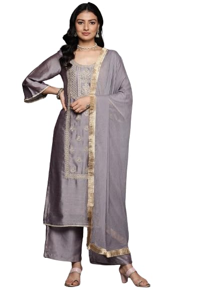 Varanga Women Grey Round Neck With Heavy Zari Embroidered Kurta With Bottom And Dupatta