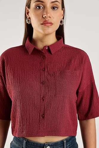 Fyltr WomenS Casual Solid Textured Crop Shirt -Boxy Fit | Half Sleeves Drop Shoulder | Tops For Jeans (Fylss25Wb-1326-Pomegrana