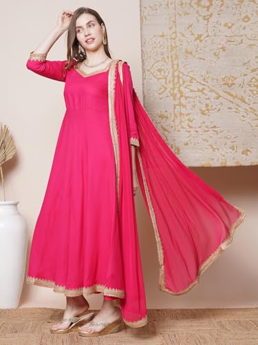 ANNI DESIGNER Womens Rayon Blend Anarkali Solid Kurta with Pant & Dupatta (Shyam Pink_L_Pink_Large)
