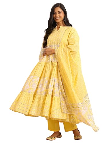 Yellow Floral And Chevron Printed Anarkali Kurta With Solid Trouser And Chevron Printed Dupatta