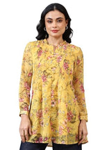 Aurelia Women'S Bright Yellow Floral Printed Organza Kurti (Size: Xs)-A30507-508774