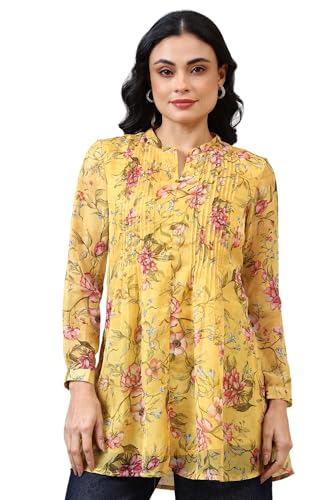 Aurelia Women'S Bright Yellow Floral Printed Organza Kurti (Size: Xs)-A30507-508774