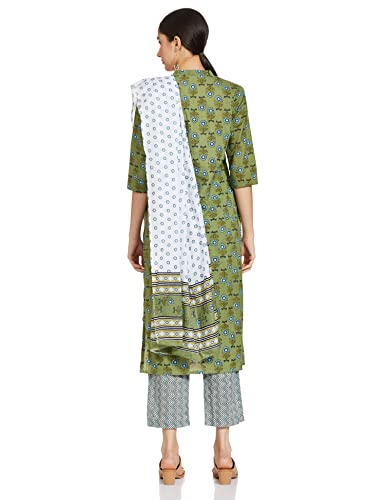 Anubhutee Women'S Cotton Olive Green Ethnic Motifs Printed Straight Kurta Suit Set With Pants And Dupatta