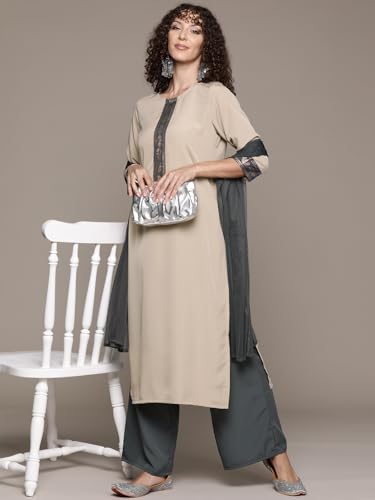 Ziyaa Women Women'S Beige Crepe Kurta, Palazzo And Dupatta Set