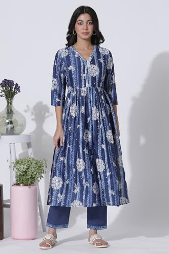 W For Woman Deep Blue Gathered Tie-Dye Floral Printed Kurta