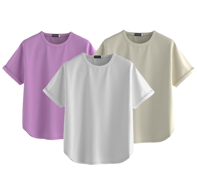 Juneberry Pure 100% Cotton Oversized Loose Baggy Fit Round Neck With Drop Shoulder White & Lilac & Swanwhite Half Sleeves Boyfri