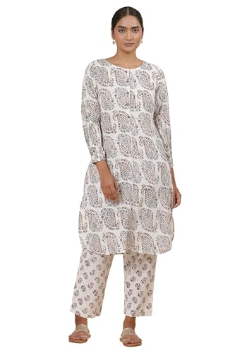 W For Woman Folksong White Printed Cotton Straight Kurta & Straight Pant_24Mafs11928-911434_M