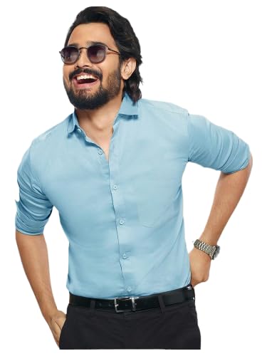 Pinkmint Casual Shirt for Men Stylish Mens Shirt Soild Regular Fit Long Sleeve Formal Wear Aqua Blue