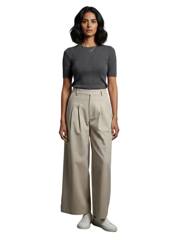Dtr Fashion WomenS Beige Solid Stretchable Pure Cotton Casual Styled With High Rise Double Pleated With Belt Loops Wide Leg Tro 36