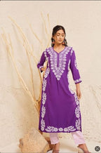 Anni Designer Women'S Cotton Blend Chikankari Embroidered Straight Kurta (Roomali Purple_S_Purple_Small)