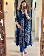 ANNI DESIGNER Womens Rayon Viscose Printed Anarkali Kurta with Pant & Dupatta (JARRY Blue_S_Blue_Small)