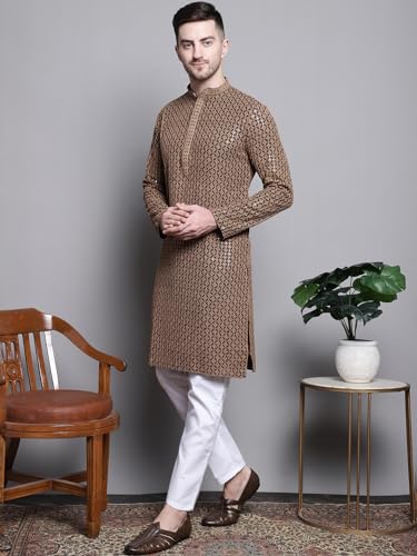 Jompers Mens Sequin Embroidered Pure Cotton Kurta With Pyjamas