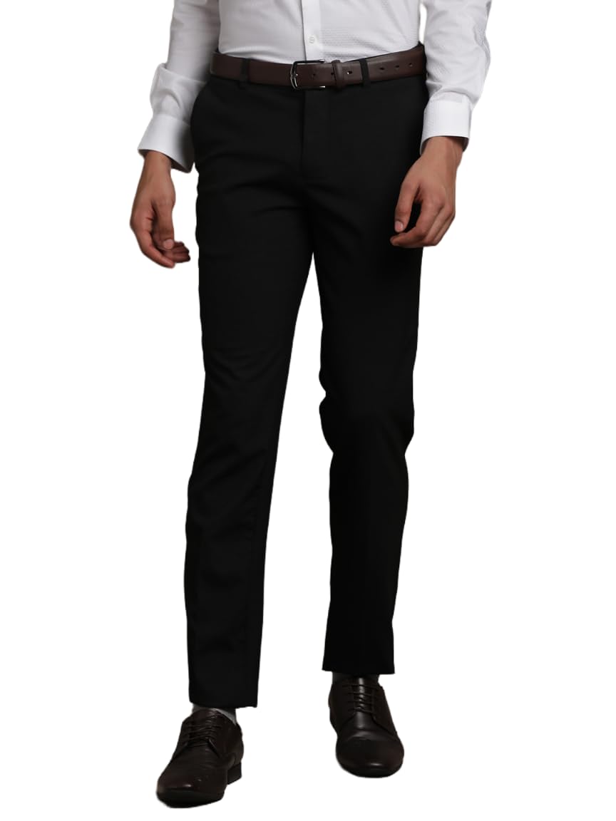 Turtle Men Narrow Fit Checkered Cotton Stretch Black Formal Trouser