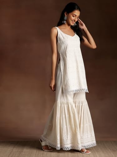 Libas Womens Embroidered Cotton Straight Kurta With Sharara And Dupatta
