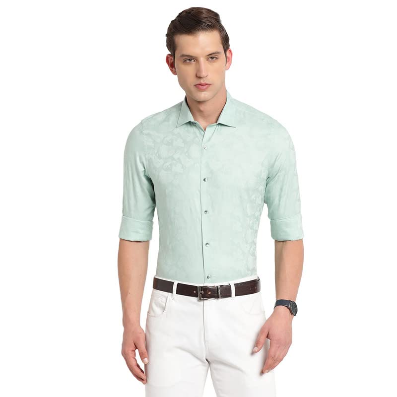 Turtle Men Pista Green Cotton Self Design Slim Fit Party Shirts