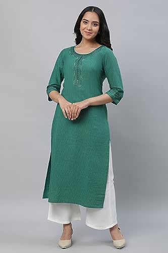 Green Lurex Stripe Kurta With Embroidery