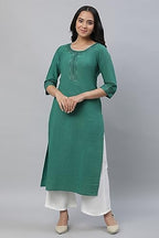 Green Lurex Stripe Kurta With Embroidery