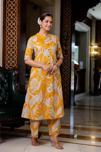 ANNI DESIGNER Womens Rayon Viscose Straight Printed Kurta with Palazzo (Diboli Yellow_XXL_Yellow_XX-Large)