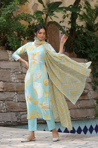 ANNI DESIGNER Womens Cotton Blend Straight Printed Kurta with Pant & Dupatta (Sohini Pista-BFD_L_Pista_Large)