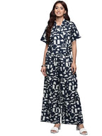 Varanga Women Navy Blue Sleeveless Top Paired With Printed Jacket And Palazzo