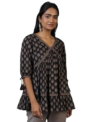 Libas Black Floral Cotton Blend Straight Kurti For Women