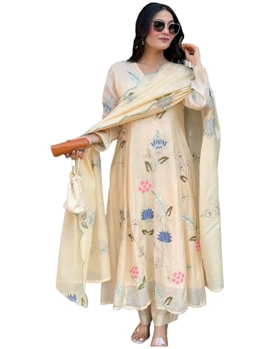 Anni Designer Women'S Rayon Viscose Anarkali Printed Kurta With Pant & Dupatta (Shastra Cram_L_Cream_Large)