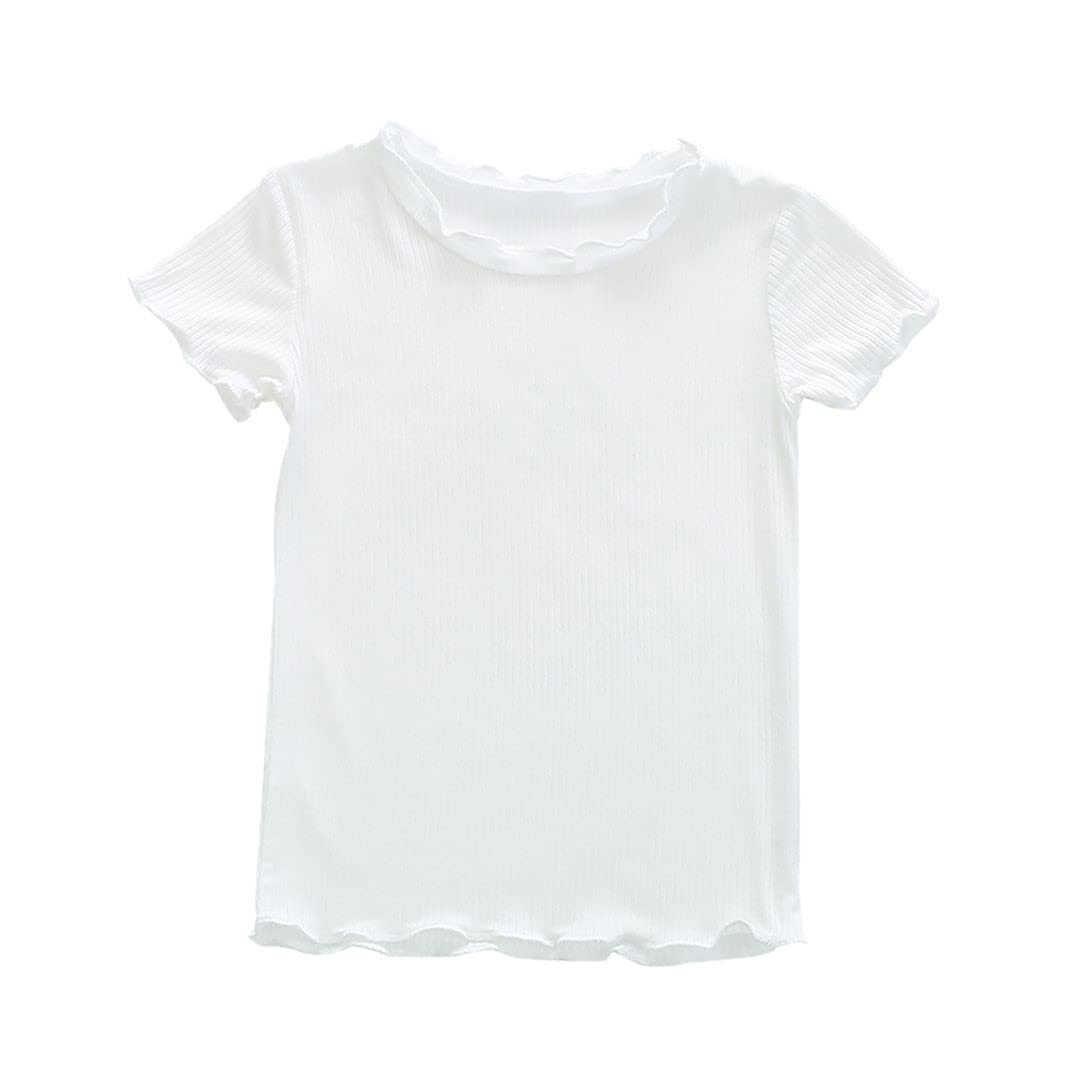 HDLEXD Toddler Baby Girls Summer Lettuce Trim Ribbed Knit Short Sleeve TShirts Solid Color Casual Blouse Tops, White, 4T 4