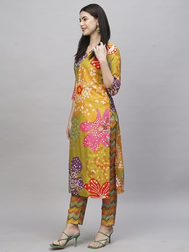ANNI DESIGNER Womens Cotton Blend Straight Printed Kurta with Pant (Wahida Yellow-NW_S_Yellow_Small)
