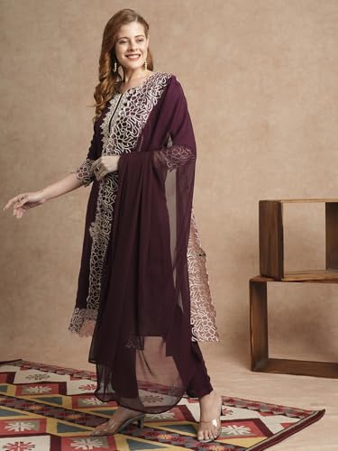ANNI DESIGNER Womens Rayon Blend Straight Embroidered Kurta with Pant & Dupatta (TRP Wine_L_Wine_Large)