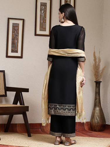 Sanisa Women'S Rayon Blend & Georgette Foil Printed Straight Kurta With Pant And Plain Dupatta