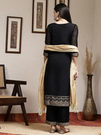 Sanisa Women'S Rayon Blend & Georgette Foil Printed Straight Kurta With Pant And Plain Dupatta