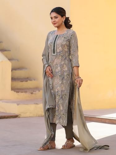ANNI DESIGNER Womens Rayon Blend Printed Straight Kurta with Pant & Dupatta (VICE Grey-NW_XXL_Grey_XX-Large)