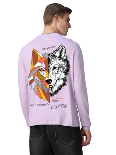 Bewakoof MenS Graphic Printed Oversized Fit Full Sleeve Round Neck Cotton Jersey T-Shirt 636686 Purple L