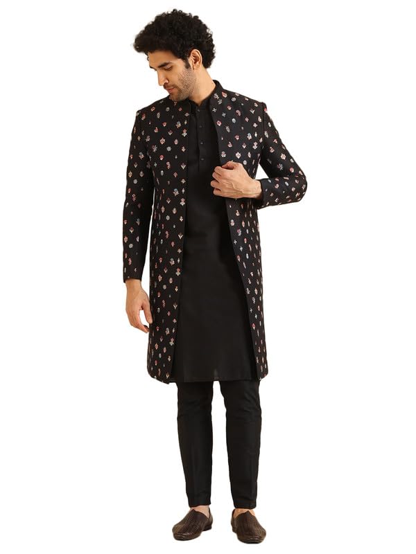 Kisah MenS Indo-Western Kurta Sherwani Trouser Set, Black Cotton Blend, Embroidered Regular Fit Mandarin Collar Long Sleeves (4