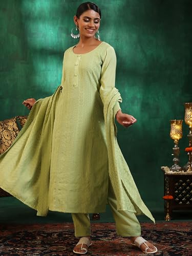 Libas Womens Embroidered Silk Blend Straight Kurta With Palazzos And Dupatta