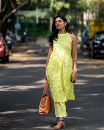 ANNI DESIGNER Womens Rayon Blend Straight Block Printed Kurta with Pant (Lemon-Lime_XL_Green_X-Large)