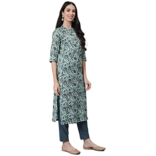Anubhutee Women'S Cotton Floral Printed Sequinned Straight Kurta Suit Set With Dupatta & Pants