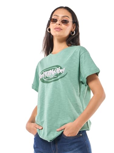 Bewakoof Air 1.0 Womens Typography Boyfriend Fit Half Sleeve Round Neck Cotton Slub T-Shirt_645140_Green_XL