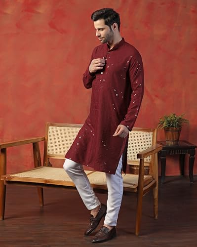 Toplot Kurta For Men || MenS Ethnic Wear Sequin Embroidered Cotton Blend Kurta Set || MenS Kurta (Men-Seq-Kurta-Set-5209-Maroo