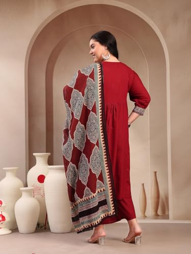 Stylum Womens Plus Size Maroon Solid Cotton Kurta Pant Dupatta Set