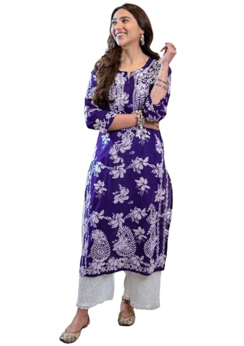 GoSriKi Womens Rayon Blend Chikankari Embroidered Straight Kurta (SCEROS Violet-GS_M_Violet_Medium)