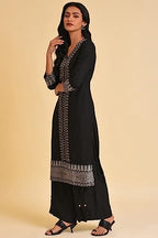 W For Woman Black Placement Print A-Line Kurta