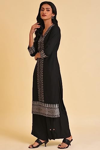 W For Woman Black Placement Print A-Line Kurta