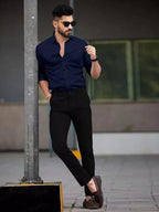 Tee Projekt Shirt for Men Cotton Plain Spread Collar Casual Shirt Parfect for ormal Wear, Home Wear, Office Wear Navy Blue