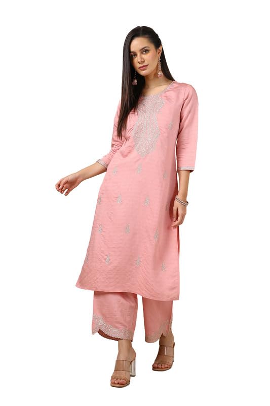 Soch Womens Peach Muslin Blend Woven Design Kurta Set With Thread Work