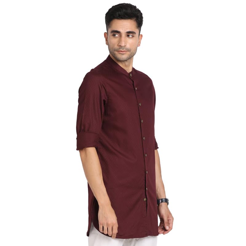 Turtle Men 100% Cotton Maroon Jacqard Print Slim Fit Ceremonial Kurta