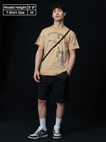 The Souled Store Relaxed T-Shirt: Adventure Men and Boys Short Sleeves Round Neck Beige Graphic Printed Relaxed Fit Cotton T-Shi