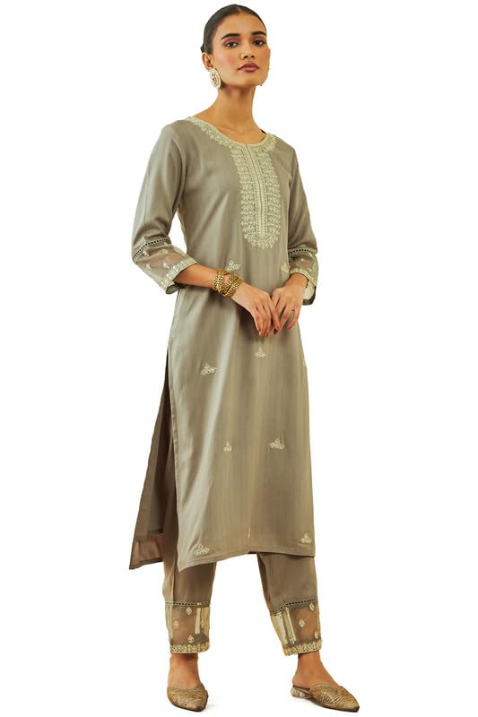 Soch Women Rayon Floral Embroidered Straight Kurta Sets with Sheer Panels
