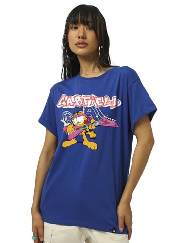 Bewakoof Official Garfield Womens Graphic Print Boyfriend Fit Half Sleeve Round Neck Pure Cotton T-Shirt_662738_Blue_XL