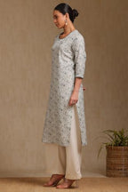 Soch Womens Off White Linen Botanical Print Kurta